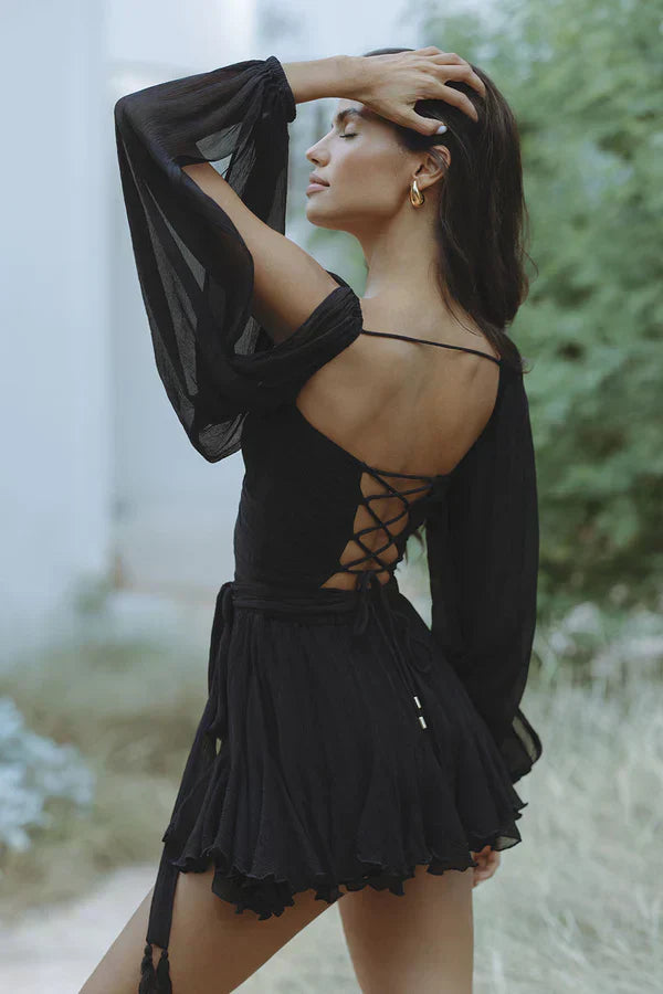 Black wrap-bodice dress back detail