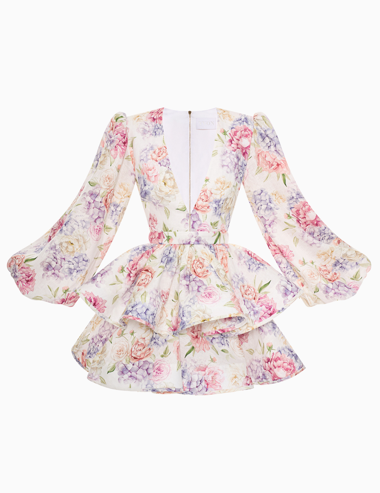 Summer dress with floral print and bell sleeves back view
