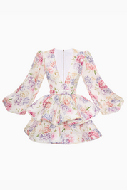 Summer dress with floral print and bell sleeves back view