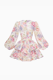 Summer dress with floral print and bell sleeves back view