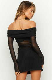 Black off-shoulder mesh top with sheer sleeves back view