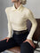 Cream ribbed polo top with collar, front view