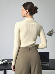 Cream ribbed polo top with collar, back view
