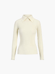Cream ribbed polo top with collar, isolated front view