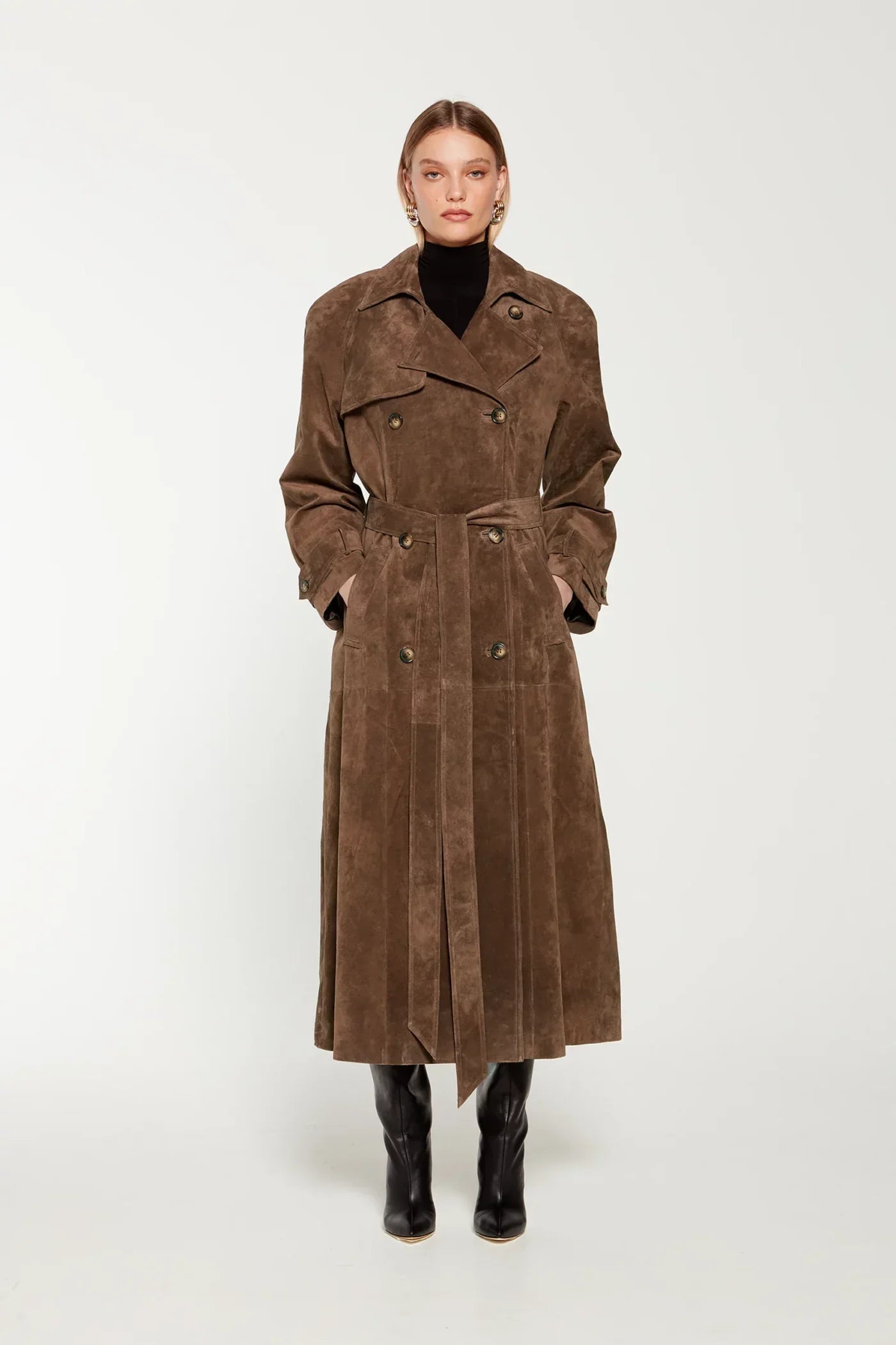 Brown suede trench coat full body front view
