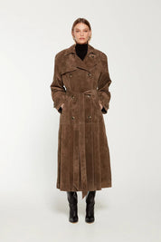 Brown suede trench coat full body front view