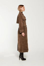 Brown suede trench coat side profile view