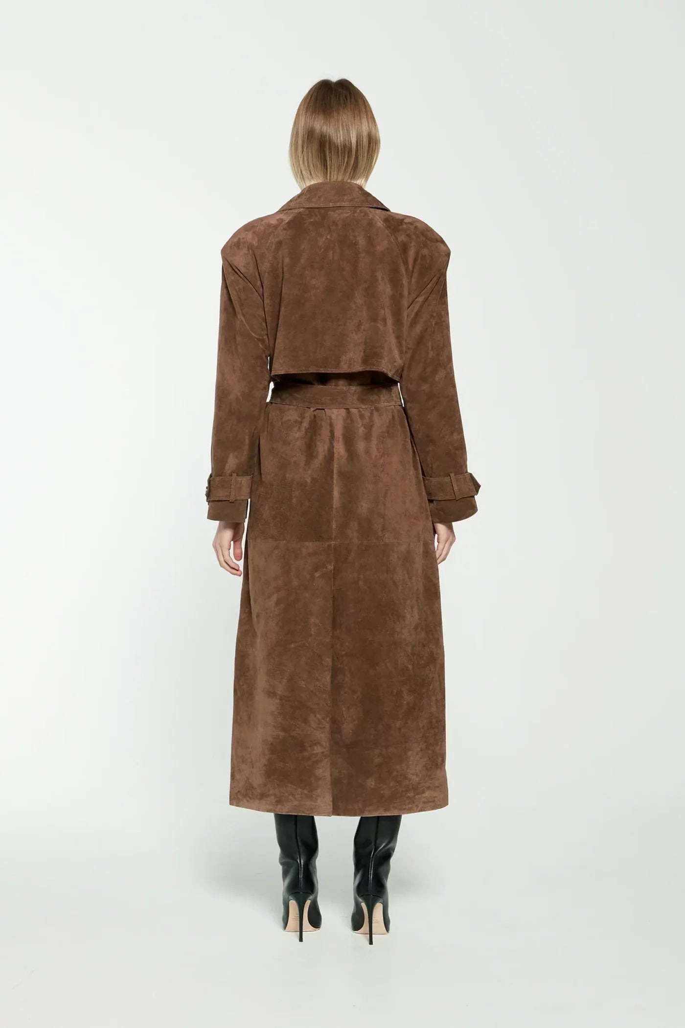 Brown suede trench coat back view