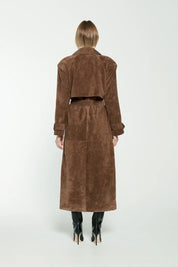 Brown suede trench coat back view