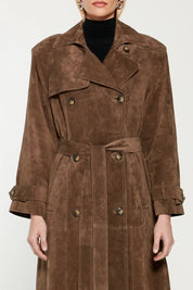 Brown suede trench coat close-up front detail
