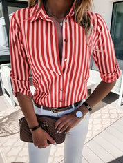 Blouse gestreept rood-wit lange mouwen zijprofiel