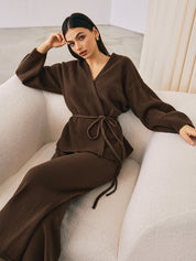 Brown knit wrap top and pants set, front view