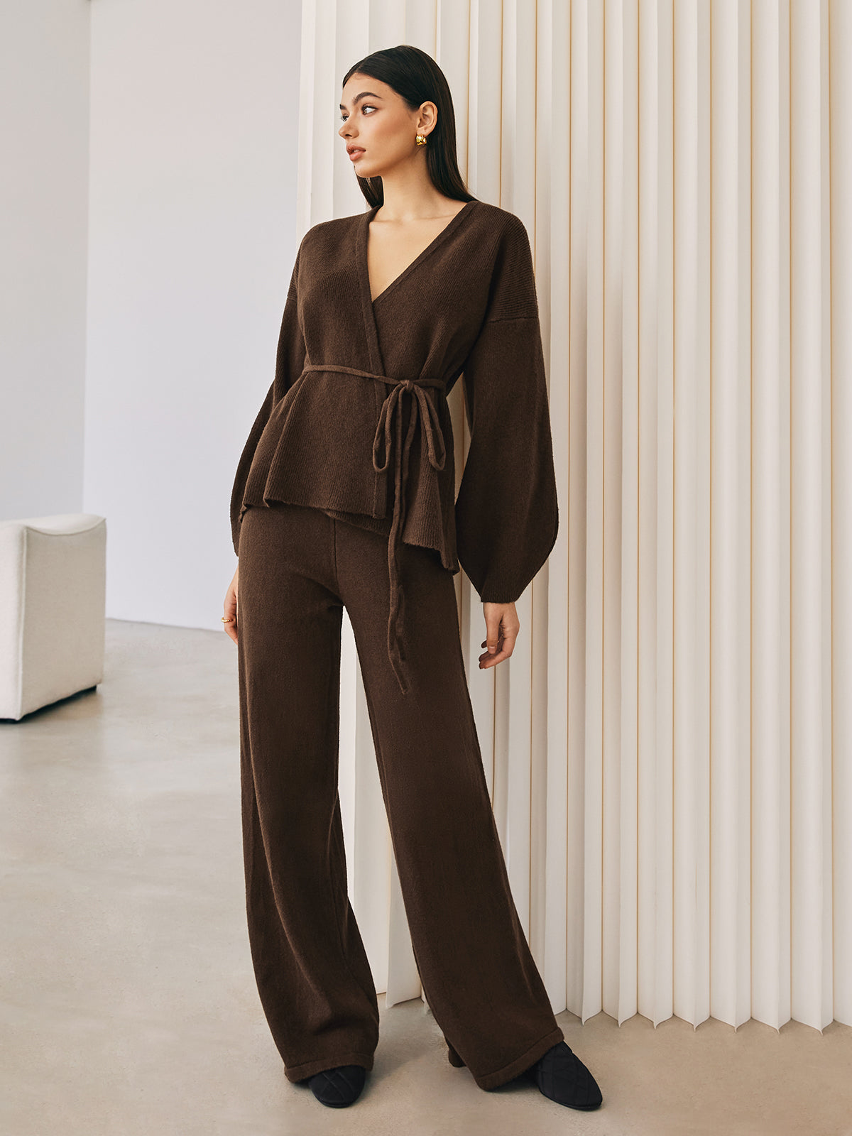 Brown knit wrap top and pants set, side profile