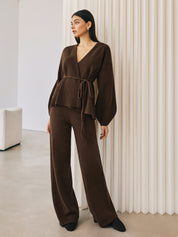 Brown knit wrap top and pants set, side profile