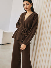 Brown knit wrap top and pants set, front view with hands at sides