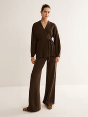 Brown knit wrap top and pants set, front view with leopard print shoes
