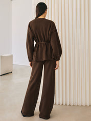 Brown knit wrap top and pants set, back view