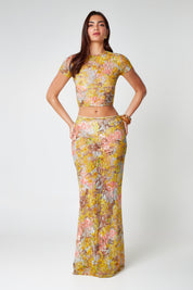 Lace two-piece set with yellow floral print front view