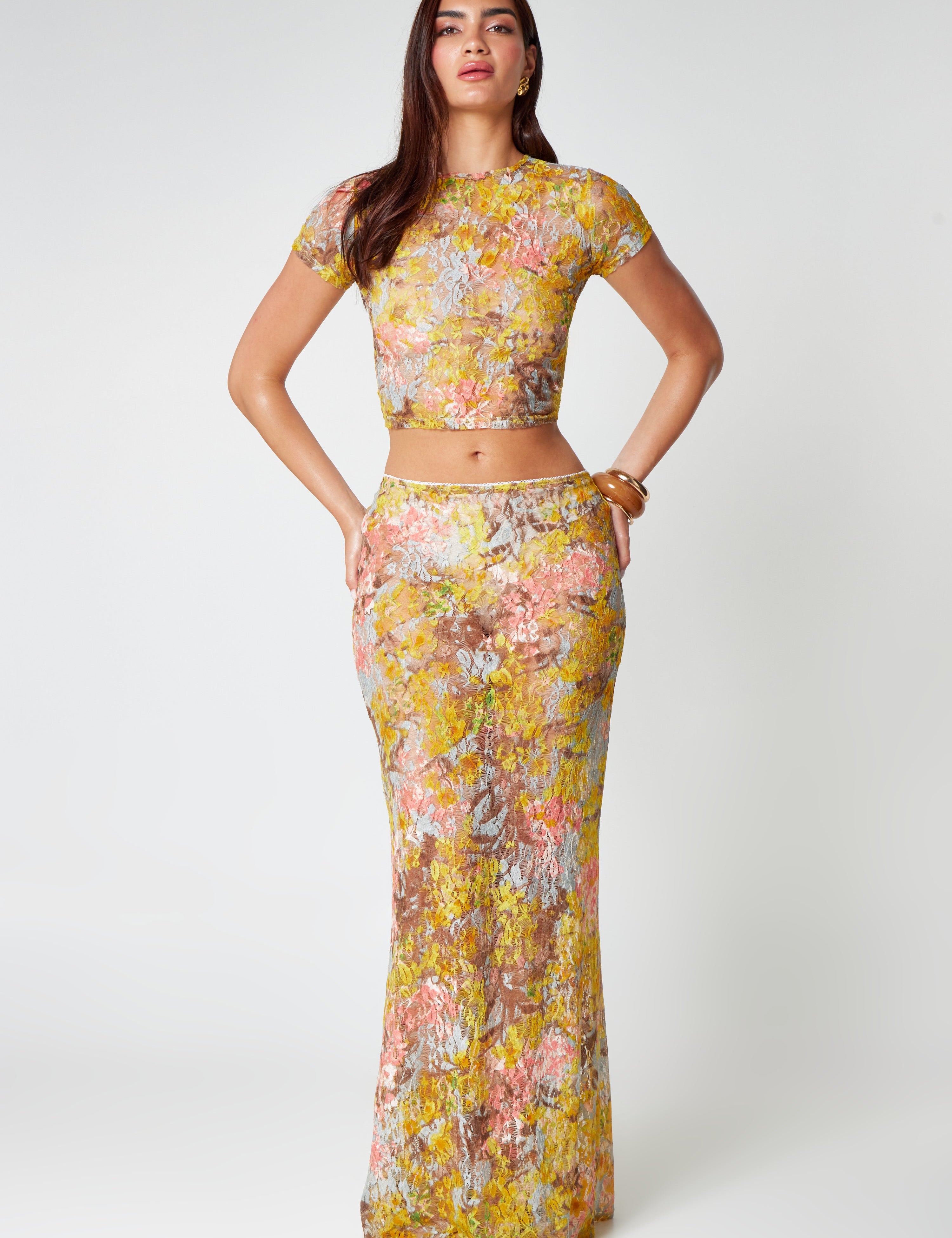 Lace two-piece set with yellow floral print front view