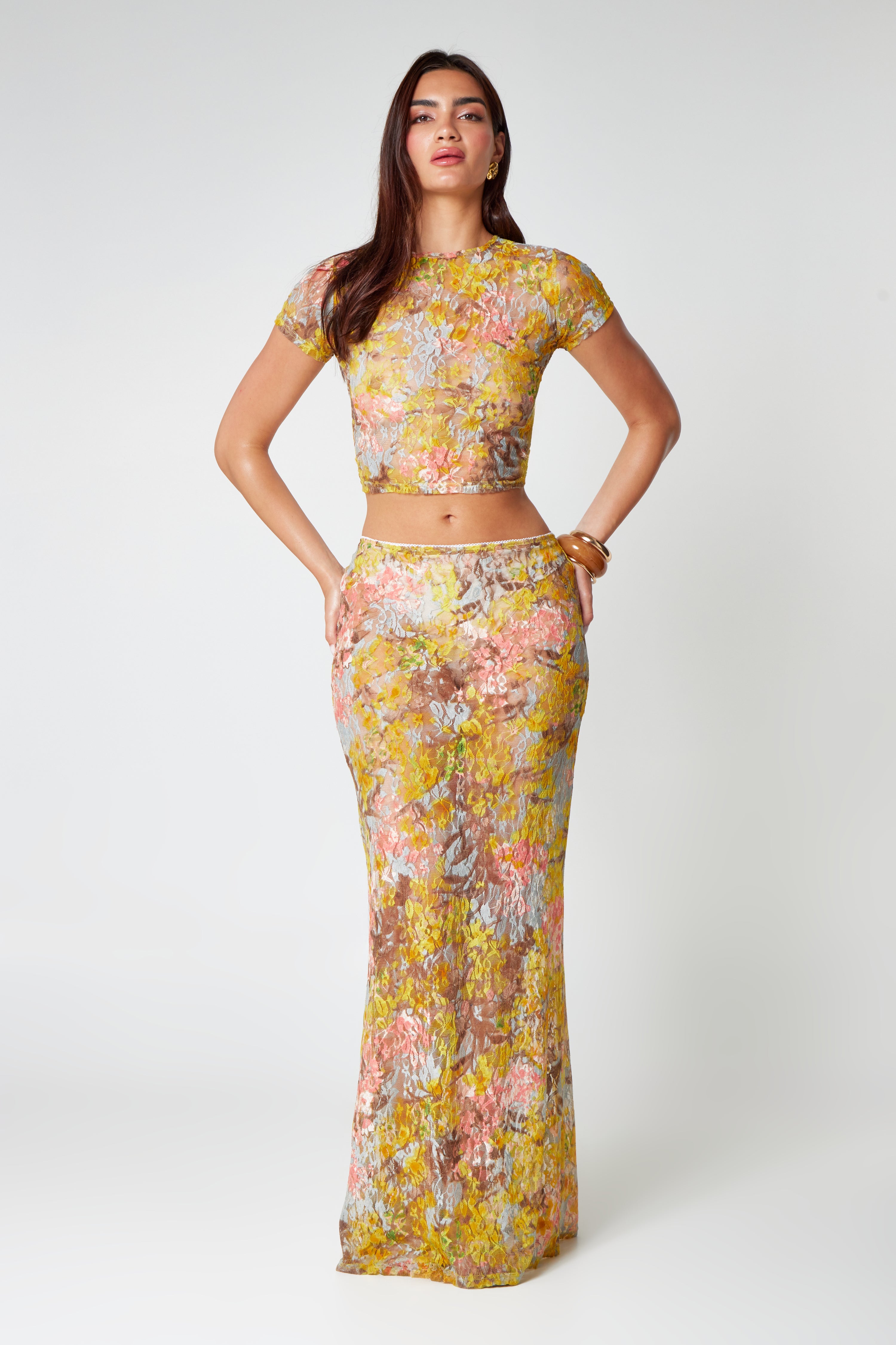 Lace two-piece set with yellow floral print front view