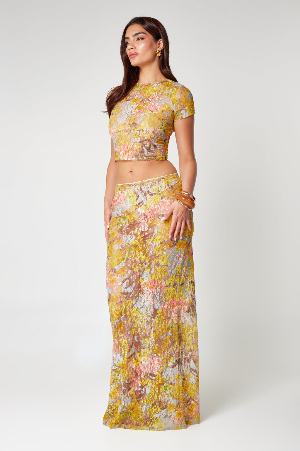 Lace two-piece set with yellow floral print side view