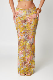 Lace two-piece set with yellow floral print skirt detail