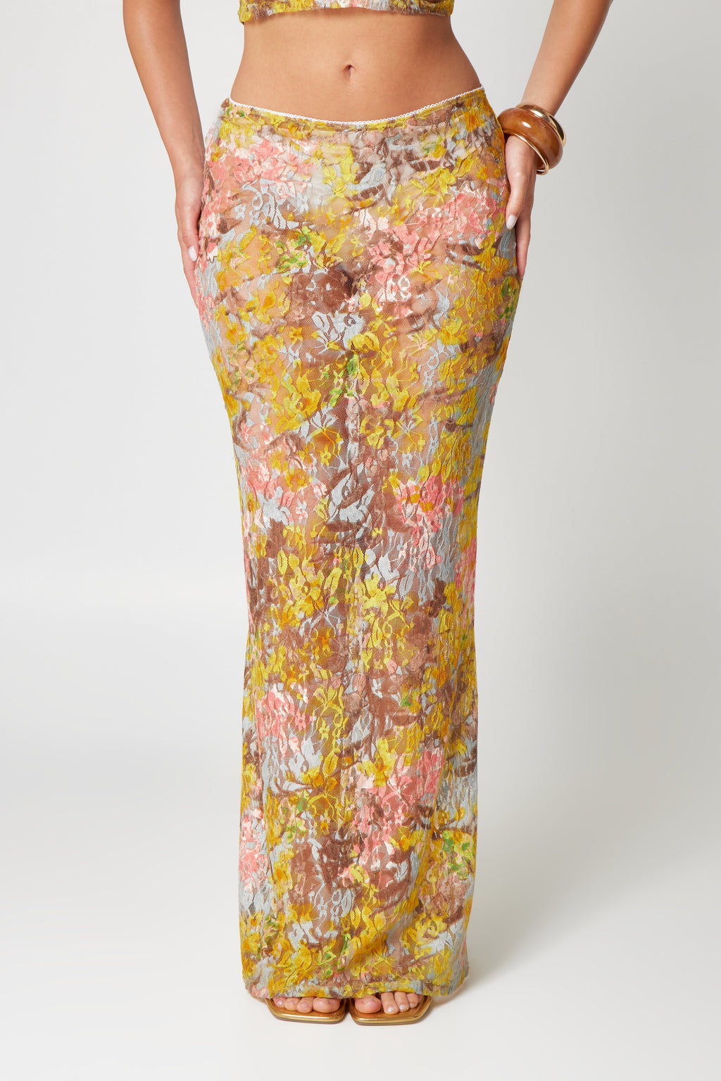 Lace two-piece set with yellow floral print skirt detail