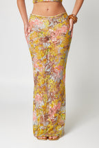 Lace two-piece set with yellow floral print skirt detail