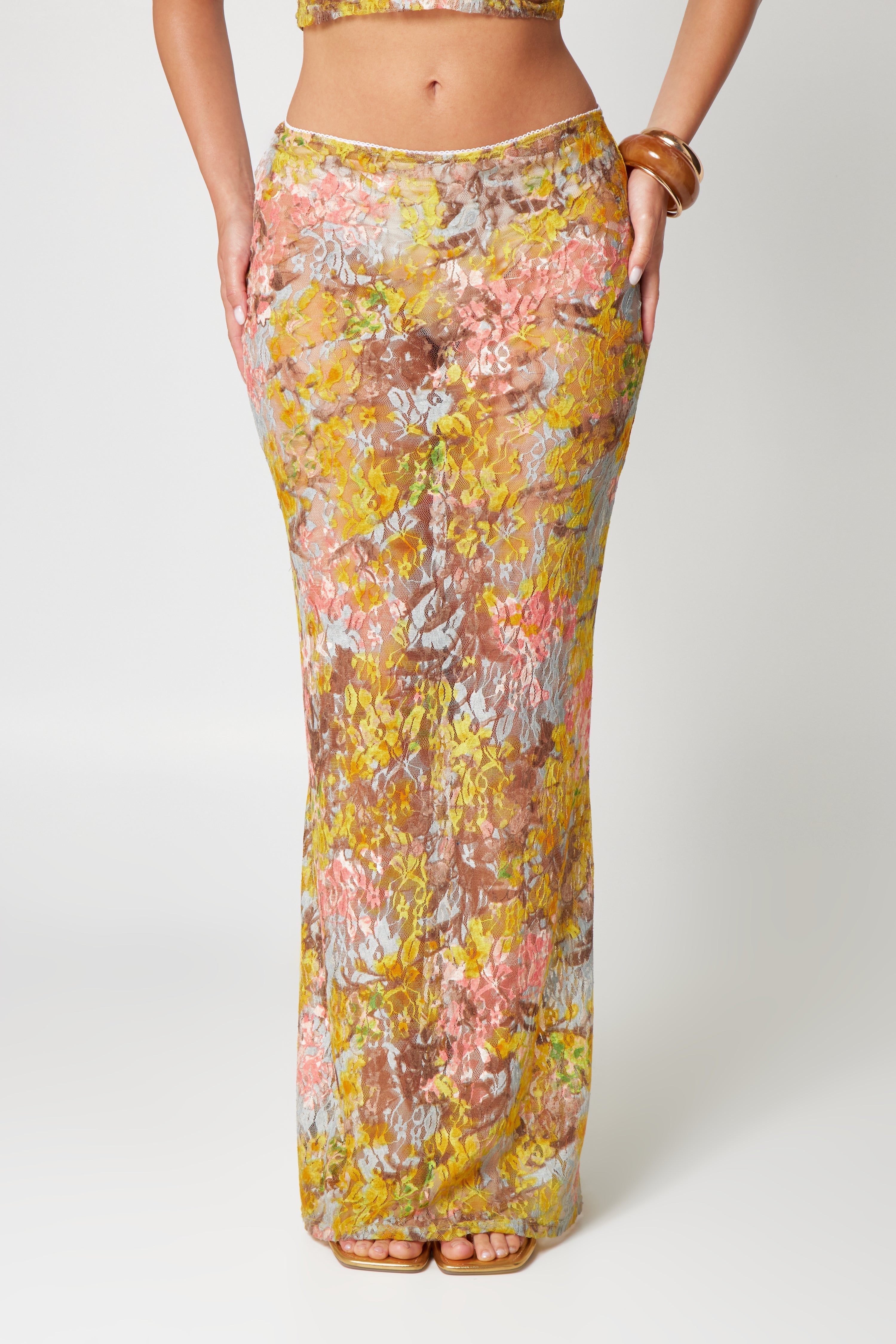 Lace two-piece set with yellow floral print skirt detail