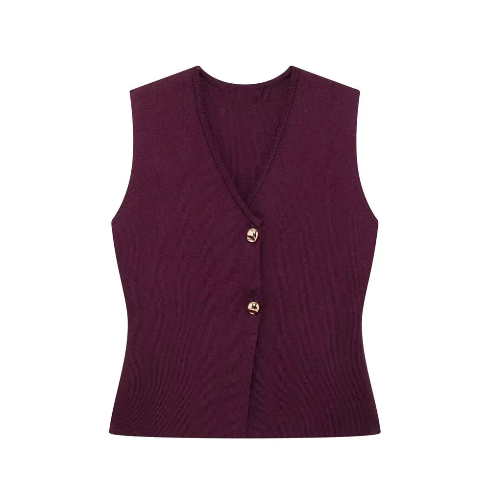 Mouwloze gilet top donkerrood met gouden knopen vooraanzicht