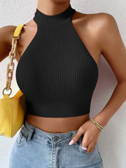 Green ribbed crop top with halter neck front view
