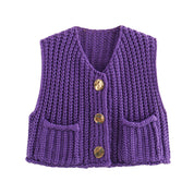 Purple chunky knit vest with gold buttons front view