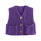 Purple chunky knit vest with gold buttons front view
