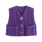 Purple chunky knit vest with gold buttons front view