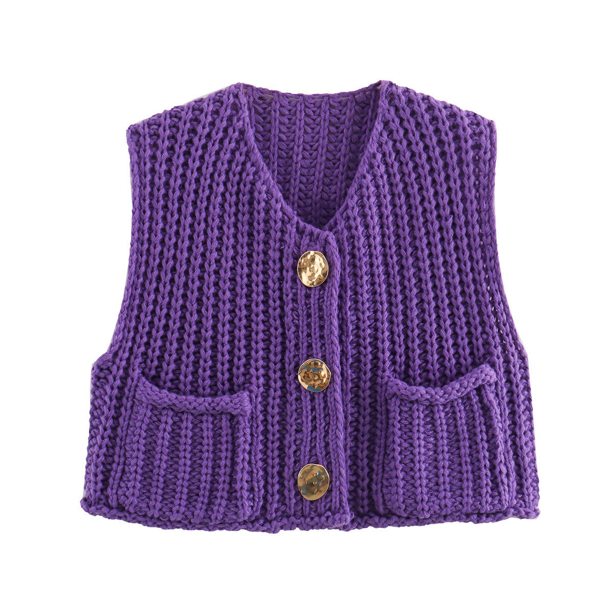 Purple chunky knit vest with gold buttons front view