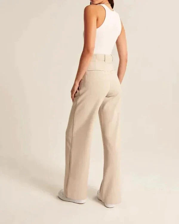 Breed pijpen broek beige met riem rugzijde