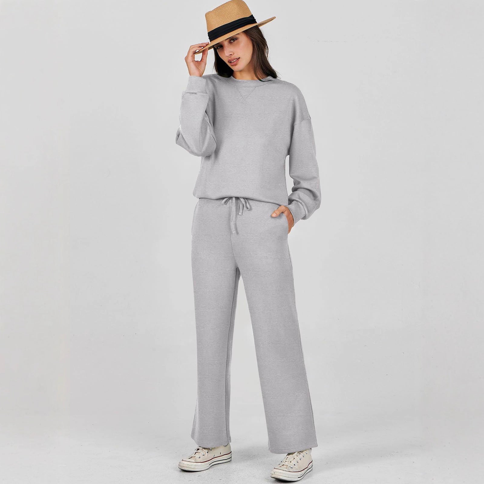 Gray loungewear set with wide pants front view