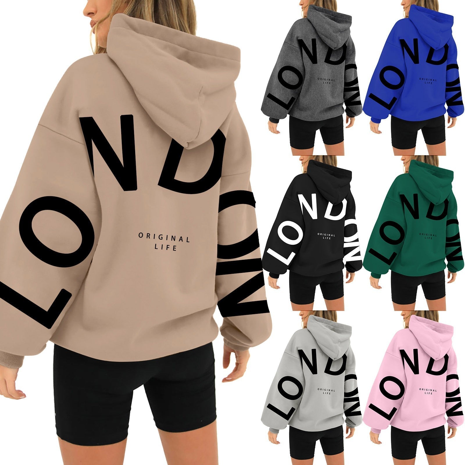 Hoodie color options: beige, gray, blue, black, green, pink