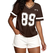 Brown v-neck t-shirt with '89' and 'New York' graphic, front view