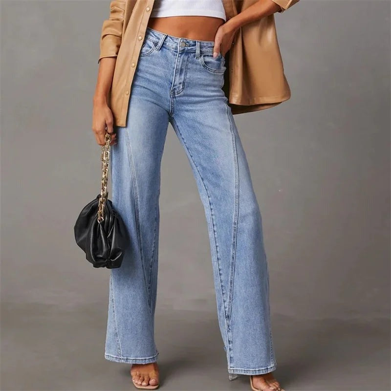 Dames jeans blauw wijde pijpen comfort fit vooraanzicht