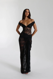 Black lace off-shoulder dress front pose