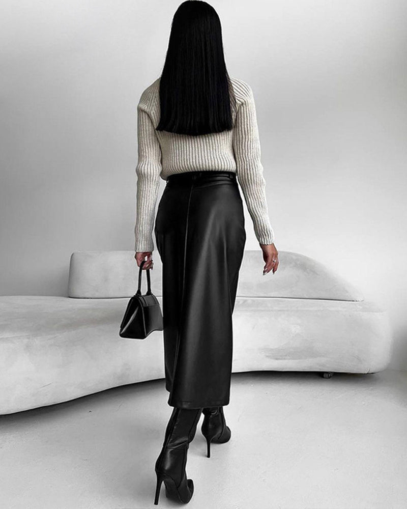 Midi skirt black with high split back view