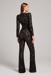 Jumpsuit zwart kant met sequins en tailleband zijkant