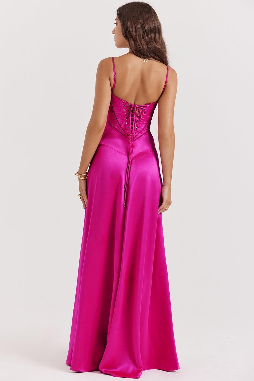 Fuchsia satin evening gown back view