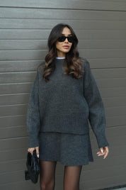 Gebreide set met top en rok donkerblauw front view