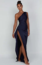 Elegante maxi jurk donkerblauw met spleet zijprofiel