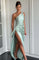 Maxi-jurk mintgroen met asymmetrische hals en spleet, front view