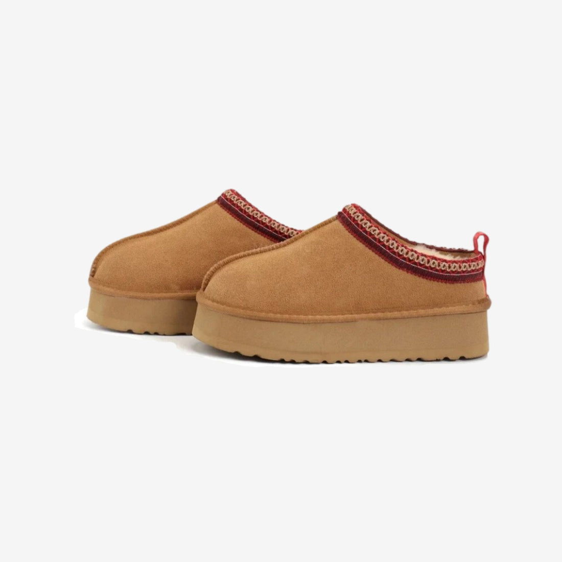 Pantoffels bruin faux suède met rode streep vooraanzicht