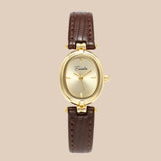 Horloge, gouden wijzerplaat, zwarte leren band, Dames
