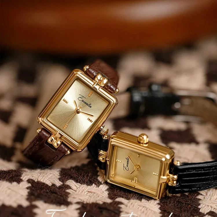 Horloge, gouden wijzerplaat, zwarte leren band, Dames